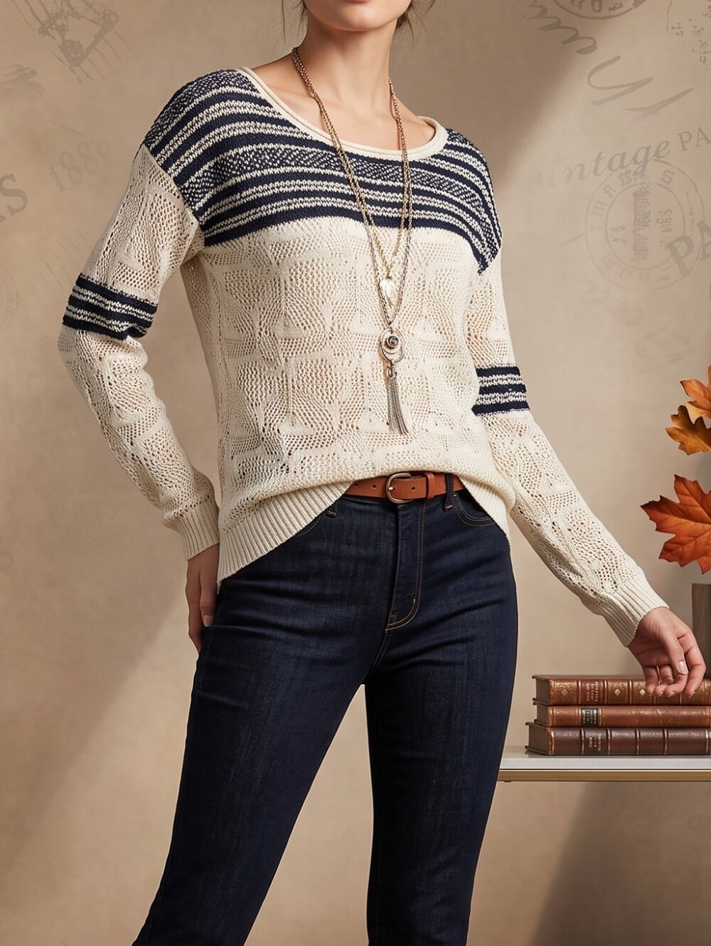 Free People Striped Open Weave Cotton Linen Knit Pullover Sweater Large